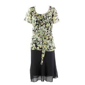 Metro 22 Sz M Black Lime Multi Chiffon Tie Waist Polyester Flowy Dress